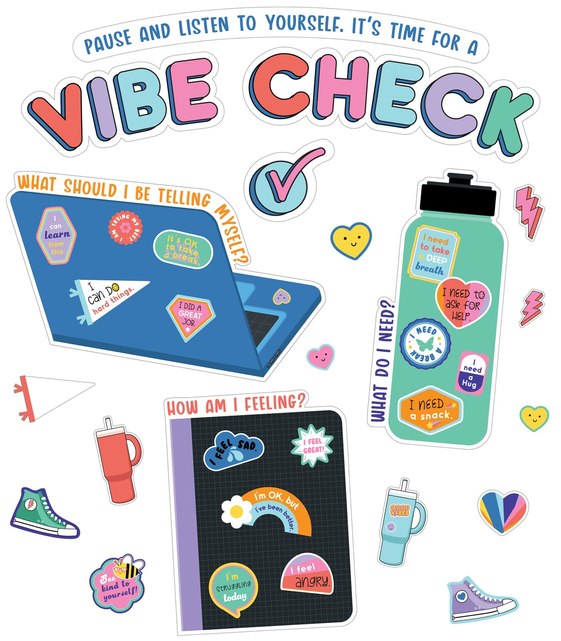 Carson Dellosa We Stick Together 51-Piece Vibe Check Bulletin Board Set, Colorful Laptop, Water Bottle, Notebook, and Sticker Accents for Bulletin Board, White Board, and Colorful Classroom D&#xE9;cor